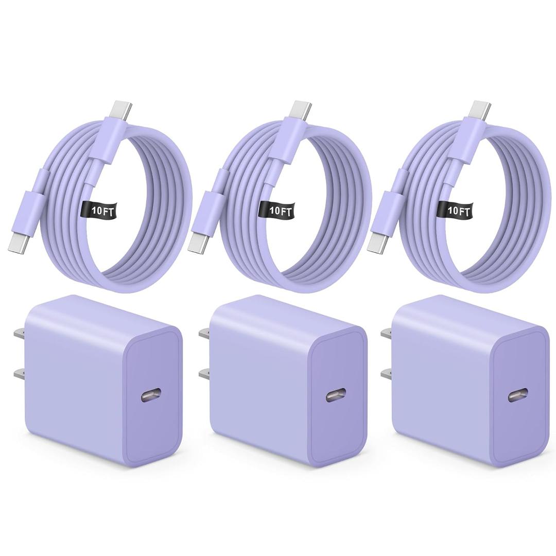 iPhone 17 16 15 Fast Charging 10FT Long USB C Charger Type C Charger 3 Pack Fast Charger USB C for iPhone 17/17 Plus/17 Pro/17 Pro Max/16/16 Plus/16 Pro/16 Pro Max/15 Pro Max, iPad Pro, Samsung, (Purple)