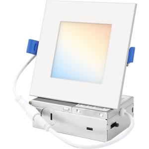 1 Pack 6 Inch Square LED Recessed Lighting, 5CCT Ultra-Thin LED Ceiling Lights, 2700K/3000K/3500K/4000K/5000K Selectable, 13W, IC Rated, Dimmable White Square Trim with Junction Box