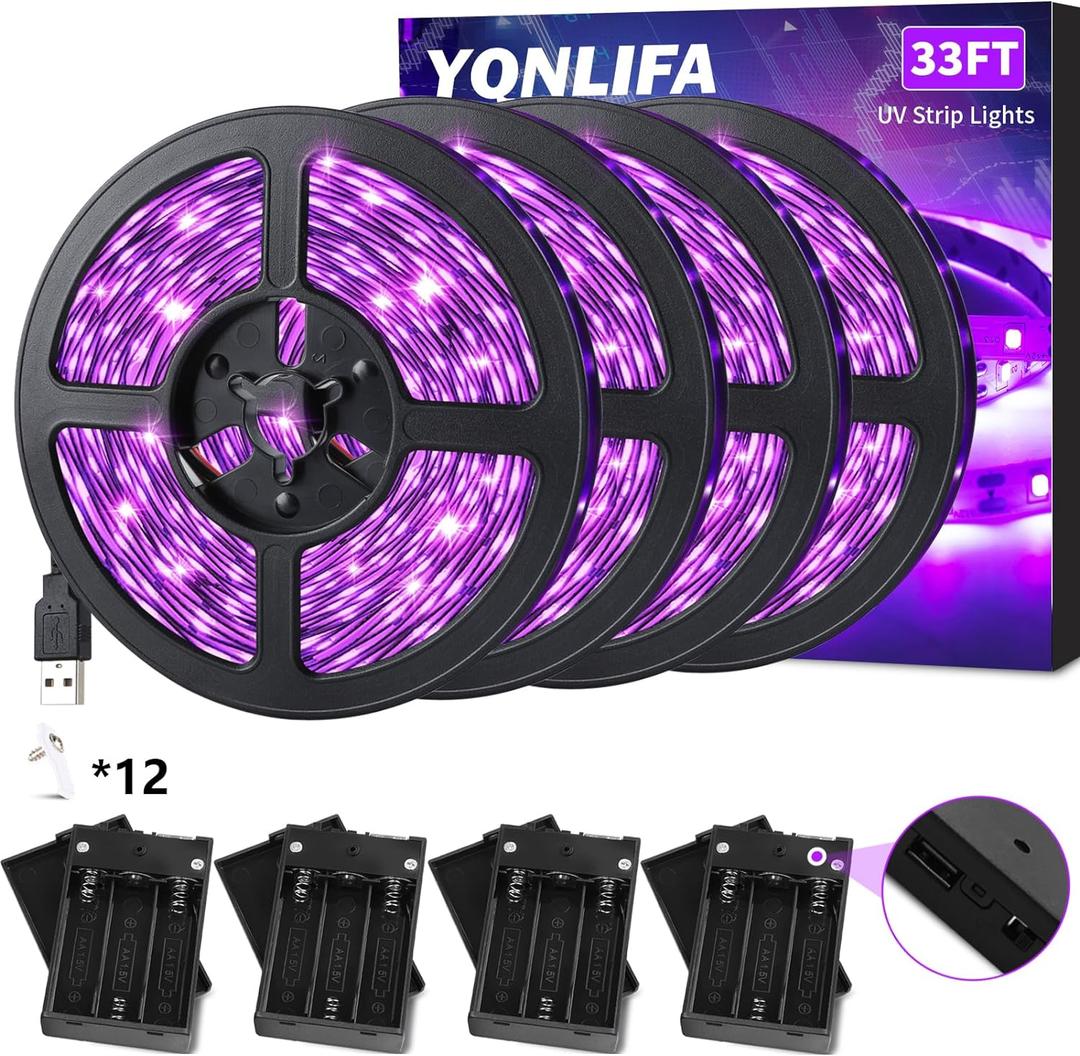 33Ft Black Light Strip, USB & Battery Operated Black Lights for Glow Party, Blacklight Strip lights for Halloween Decoration Room Decor Glass Cabinet Case Display Fluorescent Paint(4Pack*8.2ft)