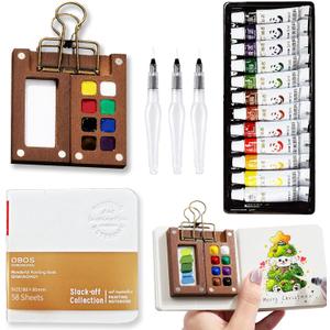 Mini Watercolor Paint Set Portable, Travel Grid Paint Palette Box with Binder Clips Include Paint, Brush*3 and Picture Album Art Materials Coloring Markers for Travel, Creative Drawing Kit for Beginners and Art Enthusiasts(Brown Wood-S)