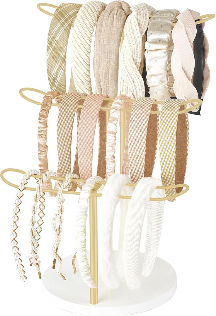 Dahey Headband Holder Organizer Metal 3-Tier Hair Hoop Display Stand Headband Organizer Storage Hair Ropes Accessories Bracelets Bangles Bedroom College Dorm Decor for Girls Women, Gold