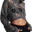 Women's See Through Hole Ripped Crop Tops Knit Pullover Short Sweaters