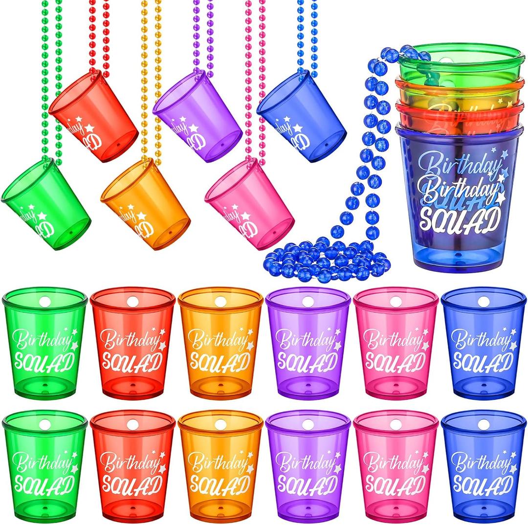 Hoolerry 12 Pcs Birthday Squad Shot Glass Necklace Shot Cups Plastic Glasses on Beaded Necklace Funny Beaded Squad Cups for Adults Birthday Wedding Party Supplies Favors, 6 Colors