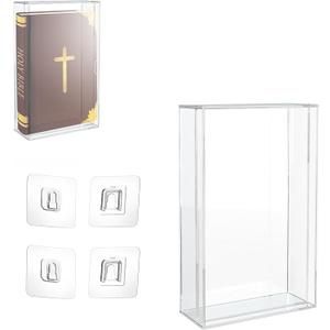 Clear Acrylic Bible Display Case with Adhesive Buckle, 10.2 x 7 x 2.4 Inch Vertical Wall Mounted & Tabletop Use Book Protector for Collectors to Display and Storage Bibles, DVDs