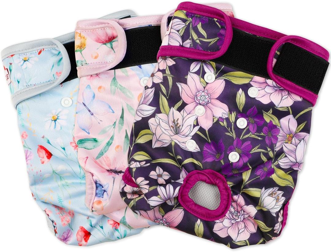 Washable Dog Diapers (3 Pack), Reusable Dog Diapers for Doggie Heat Period, Reusable Doggie Diaper for Female Dogs (Small) (Small (Newborn-10.5" Waist), Flower)