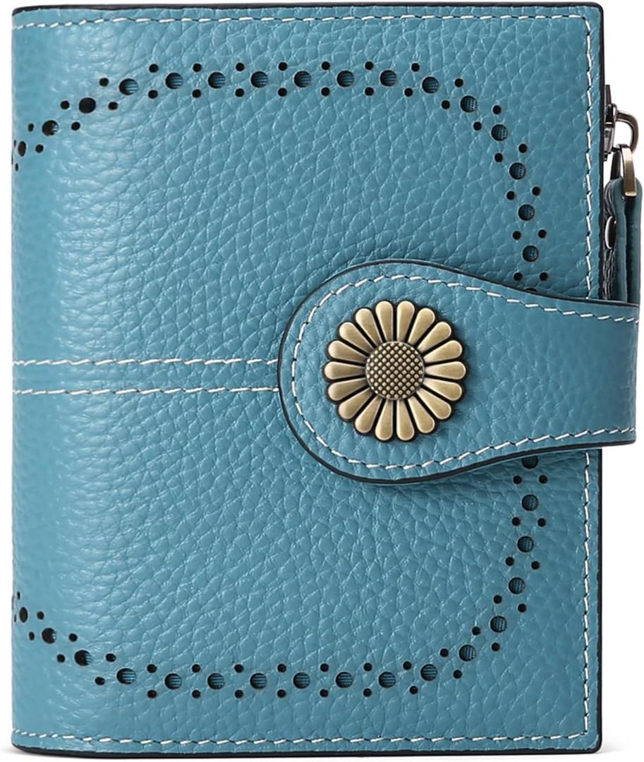 SENDEFN Small Womens Wallet Leather Bifold Card Holder RFID Blocking with Zipper Coin Pocket (2-Natural-Blue)