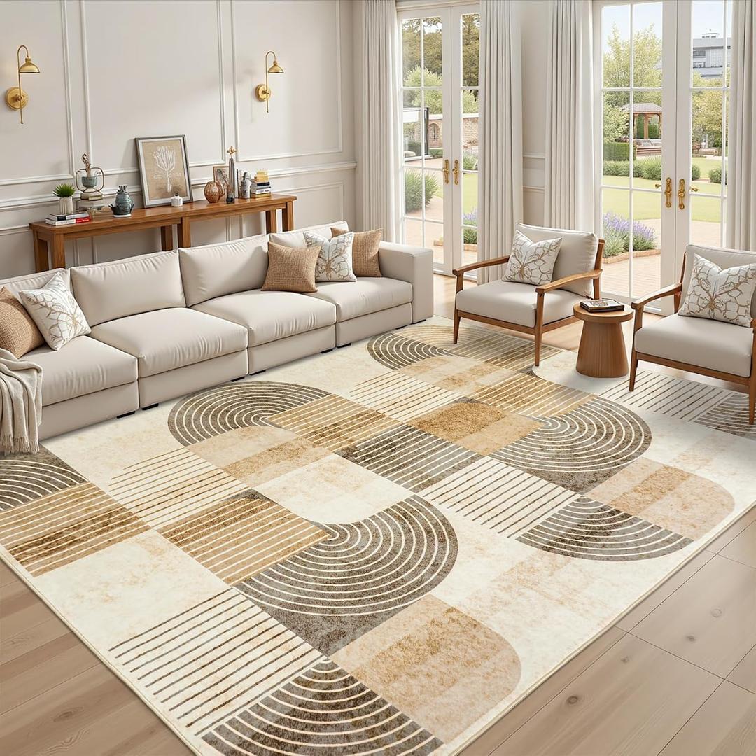8x10 Area Rugs for Living Room-Washable Modern Geometric Neutral Beige Rug, Soft Non-Slip Indoor Floor Abstract Carpet for Bedroom Dining Room Nursery Office Home Decor