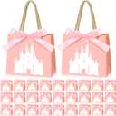 Sinload 25 Sets Small Princess Castle Party Favor Bags with Handles Ribbons 5.51 x 2.36 x 4.72 Inch Light Pink Princess Goodie Candy Gift Bags for Birthday Gender Reveal Baby Shower Party Supplies