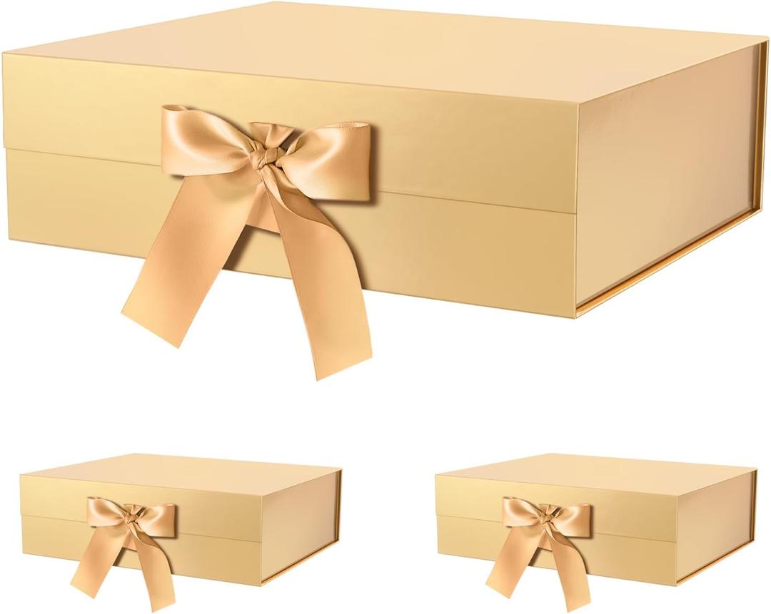 GREEN BEAN 3 Extra Large Gift Box with Lid for Present 16.3x14.2x5 Inches, Fathers Day Gold Magnetic Gift Box with Ribbon, Shirt Gift Boxes for Clothes (Glossy Gold)
