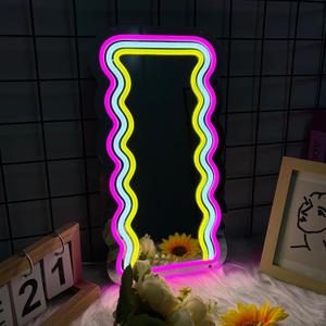 Moneter Anime Wave Mirror with Neon Signs, Dimmable for Teen Girls Gift, Makeup Mirror, Cute Acrylic Wall Decor, Retro Style, Tabletop Mount, Lighted