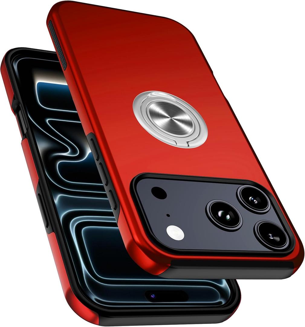 Shockproof Case for iPhone 17 Pro 6.3'', [Embedded Finger Ring] Military Grade Phone Case Cover with Reinforced Metal Stand Kickstand [Support Magnetic Car Holder] for iPhone 17 Pro, Red