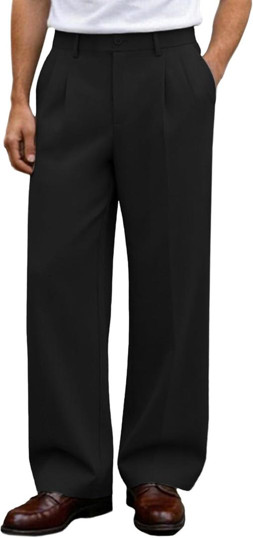 Mens Casual Dress Pants Old Money Pleated Baggy Wide Leg Slacks Vintage Stylish Relaxed Fit Work Trousers S