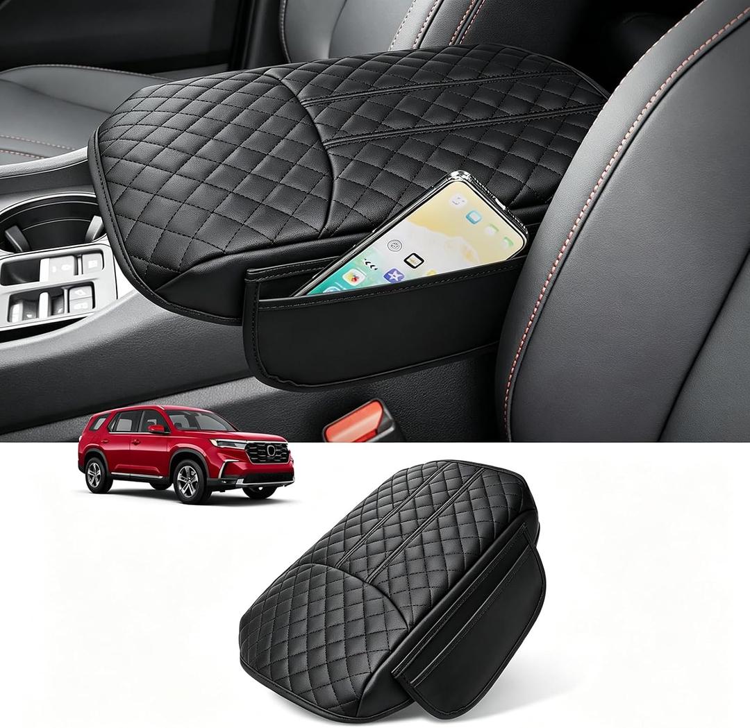 Custom for Center Console Cover Honda Pilot 2023-2025 2026,Honda Ridgeline/Passport 2024 2025 2026 Armrest Cover Accessories PU Leather Armrest Seat Box Cover Protector with Pockets Storage Bag