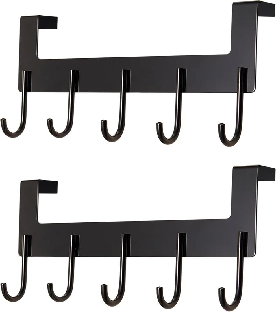 Over The Door Hooks Coat Rack,Over The Door Towel Hanger Drying Rack,Heavy Duty Aluminum Over The Door Towel Rack Hooks for Hanging Coat, Bag, Robe - 5 Hooks Black Color 2 Pack
