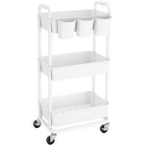 JIUYOTREE 3-Tier Plastic Rolling Storage Cart Utility Cart with Extra Hanging Cups Handles Lockable Wheels for Living Room Bathroom Kitchen Office White