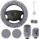 Frienda 6 Pieces Fluffy Car Accessories Set Bling Fluffy Steering Wheel Cover Soft Fuzz Handbrake Gear Shift Cover Bling Mirror Fuzz Car Pad Decoration (Gray)