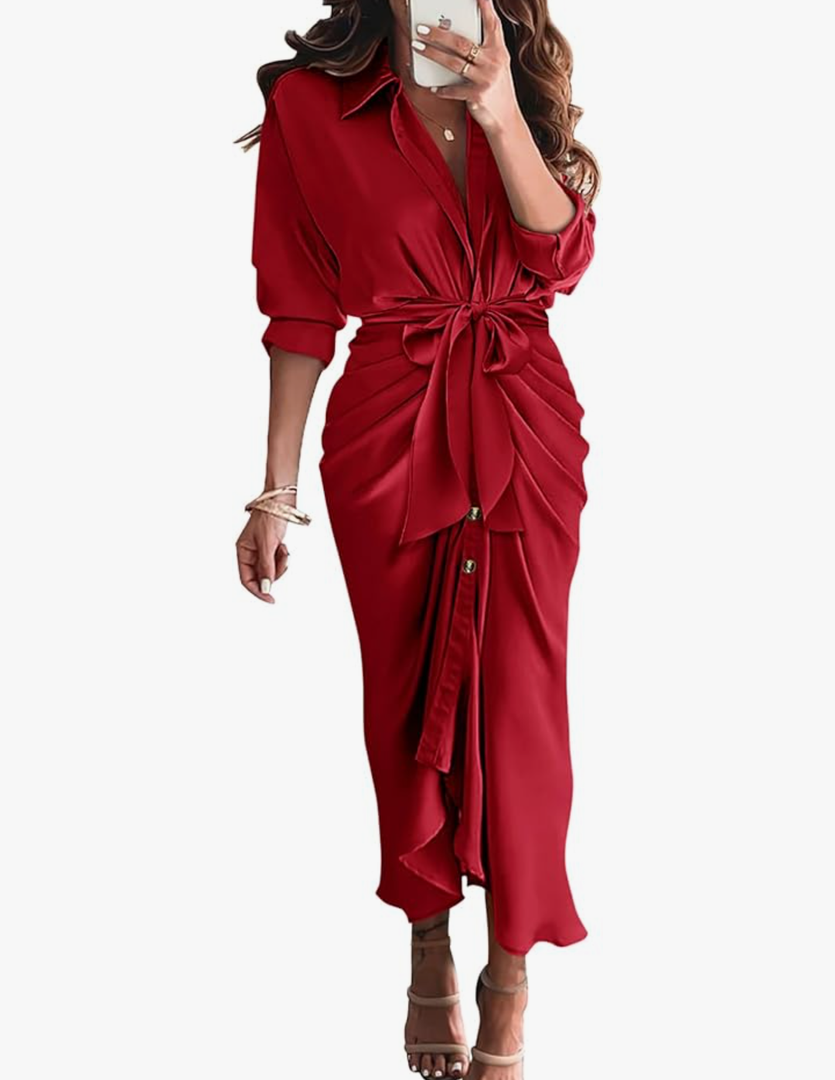 BTFBM Summer Dresses for Women 2026 Long Sleeve Lapel V Neck Button Down Elegant Belted Ruched Satin Shirt Spring Dress (S, Red)