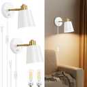 Lomoky Dimmable Wall Sconces Set of 2, Adjustable Angle Wall Lights with Plug in Cord and Dimmer On/Off Knob Switch, Hardwired Indoor White Wall Lamp for Bedside Bedroom Bathroom (2 Bulbs Included)