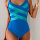 One Piece Swimsuit for Women Modest Full Coverage Bathing Suit Slimming Color Block V Neck Swimwear (Blue, S)