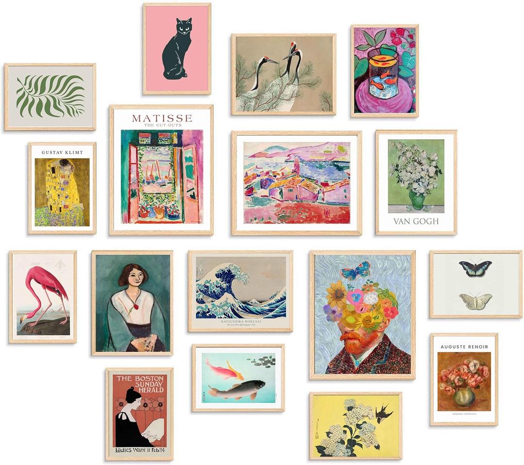 KBKBART Set of 17 Eclectic Wall Art Prints, Colorful Maximalist Wall Decor Canvas Boho Gallery Prints Collage, Vintage Famous Artists Painting Pictures Aesthetic Poster for Funky Room Decor, Eclectic Home Decor for Bedroom Dorm - Unframed