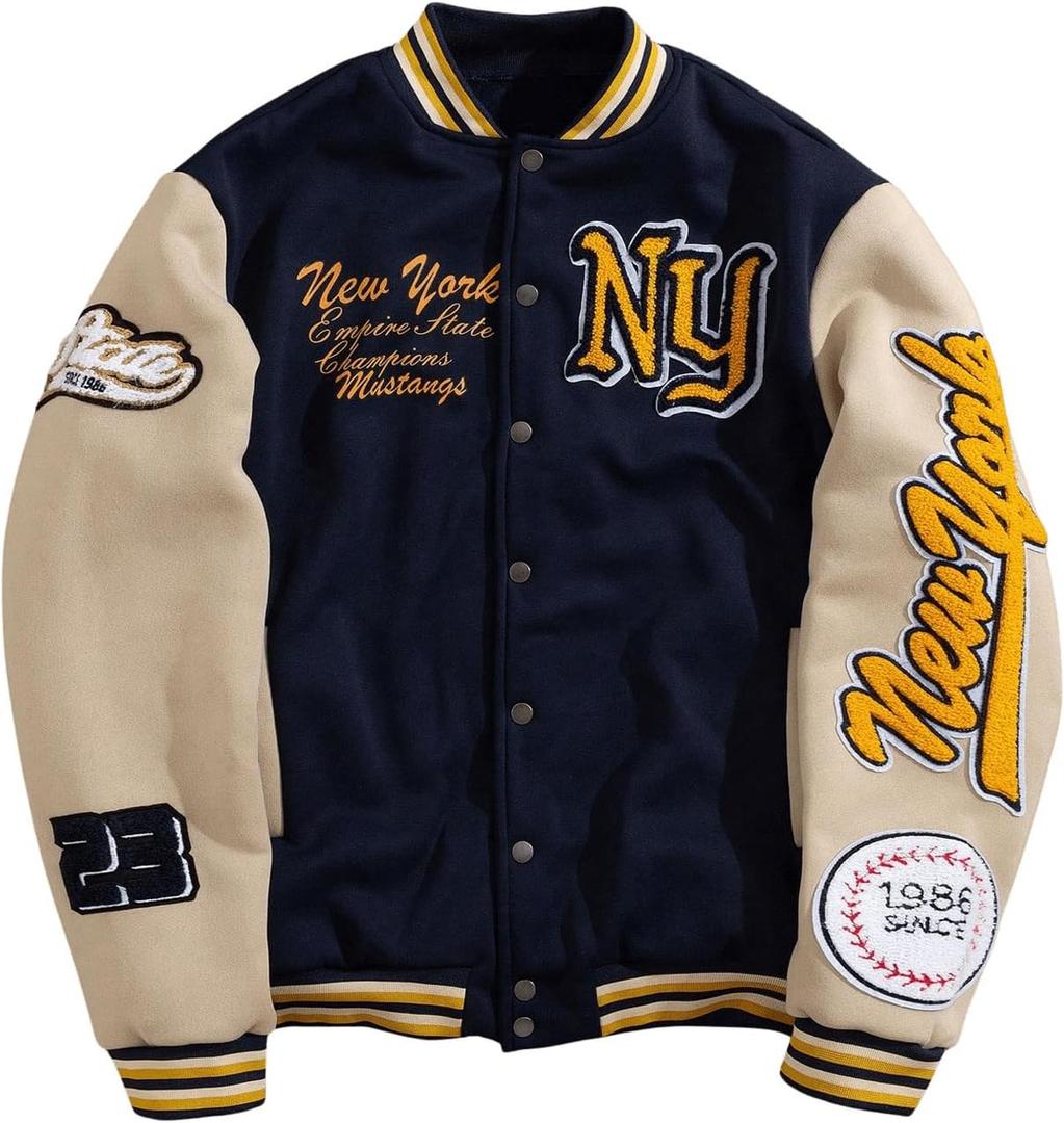 GORGLITTER Men's Letter Graphic Varsity Jacket Long Sleeve Striped Trim Button Bomber Jackets Apricot and Dark Blue,  Large