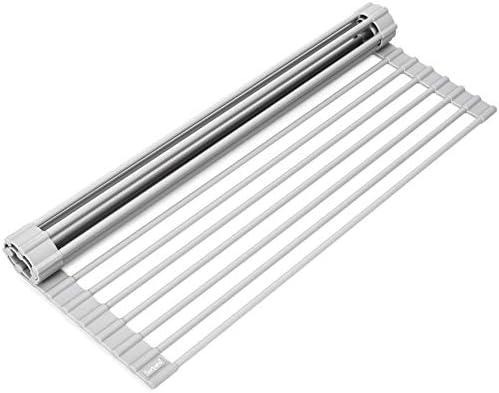 Surpahs Over Sink Foldable Multipurpose Roll-Up Dish Drying Rack, Silicone Wrapped Stainless Steel, Warm Gray, 17.5" x 13.1"