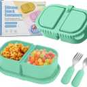 Silicone Snack Containers for Kids, Green, 8.5Oz, 2-Compartment | Includes Spoon and Fork, BPA Free, Leak Proof, Great for Toddler/Kid/Adult Meal Prep