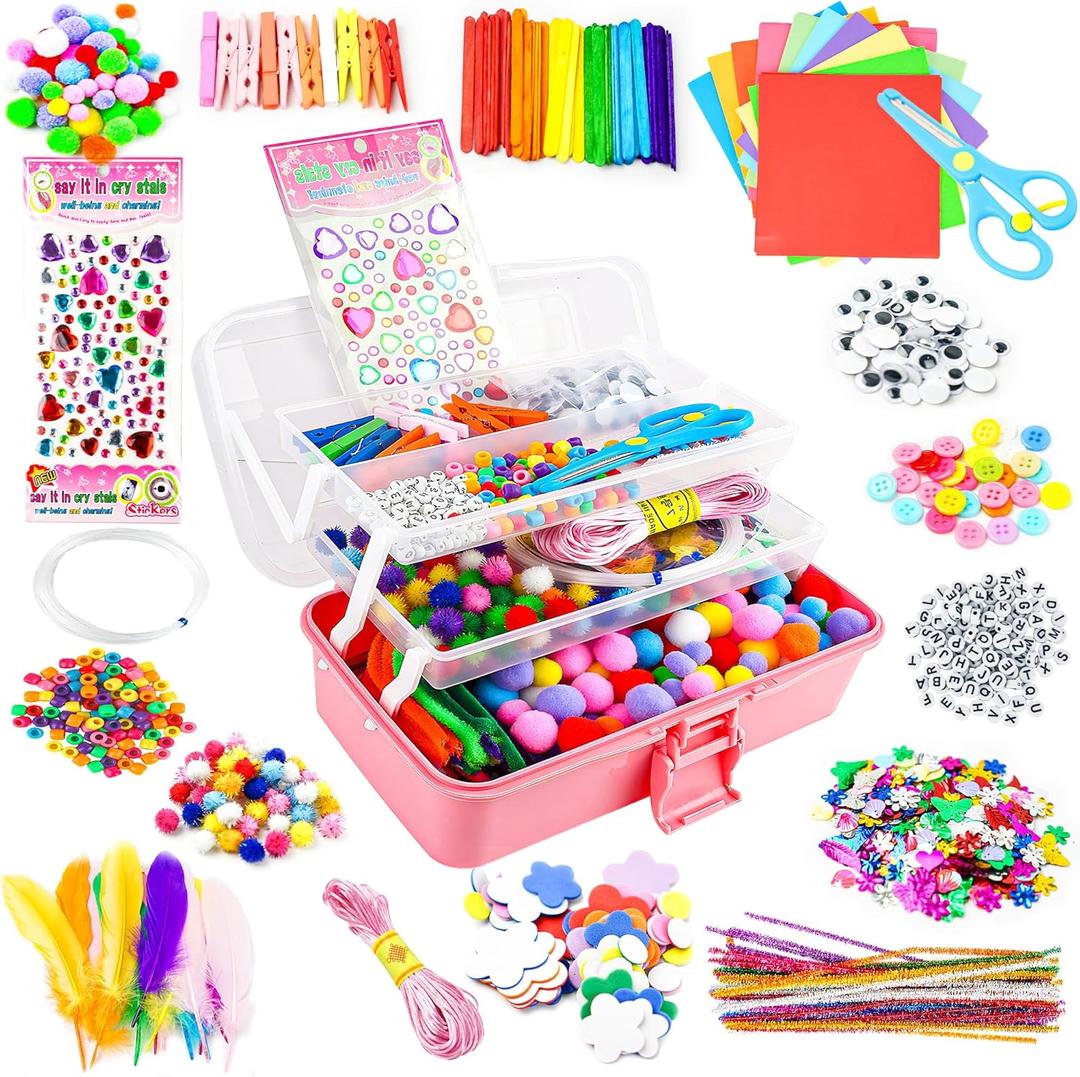 SMILESSKIDDO Arts Craft Supplies for Kids - 1400+ PCS Toddler DIY Craft Art Supply Set, Portable 3 Layered Folding Storage Box School Craft Projects - Gifts for Girls Ages 4-8, 8-12, Pink