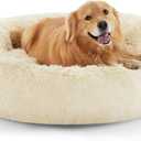 Bedsure Calming Dog Bed for Extra Large Dogs - Donut Washable Large Pet Bed, Anti-Slip Round Fluffy Plush Faux Fur Dog Bed, Fits up to 120 lbs Pets, Ivory Beige, 45 inches