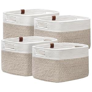 UBBCARE 4 Pack Baskets for Organizing, Woven Storage Baskets with Label for Toys and Towel, Rectangle Cotton Rope Basket with Handles, 15''L x10''W x9''H, White&Brown
