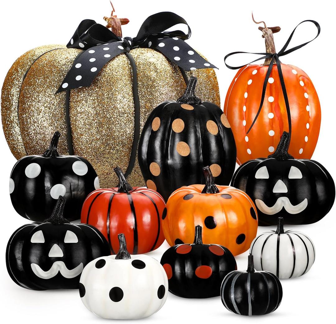 12 Pcs Halloween Artificial Foam Pumpkins Assorted Sizes Decorative Pumpkins Halloween Decorations for Table Tabletop Fireplace Mantel Tiered Tray Desk Home Decorations