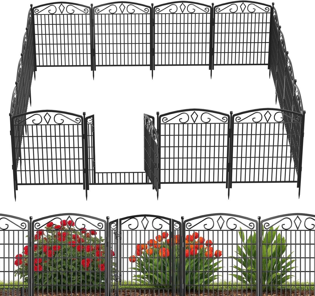 12 Panels No Dig Decorative Garden Fence with Gate, GATKITOM 31.3in(H) x 26ft(L) Rustproof Animal Barrier Metal Dog Fence Outdoor for Yard, Patio, Temporary Garden Fencing with Ground Stakes