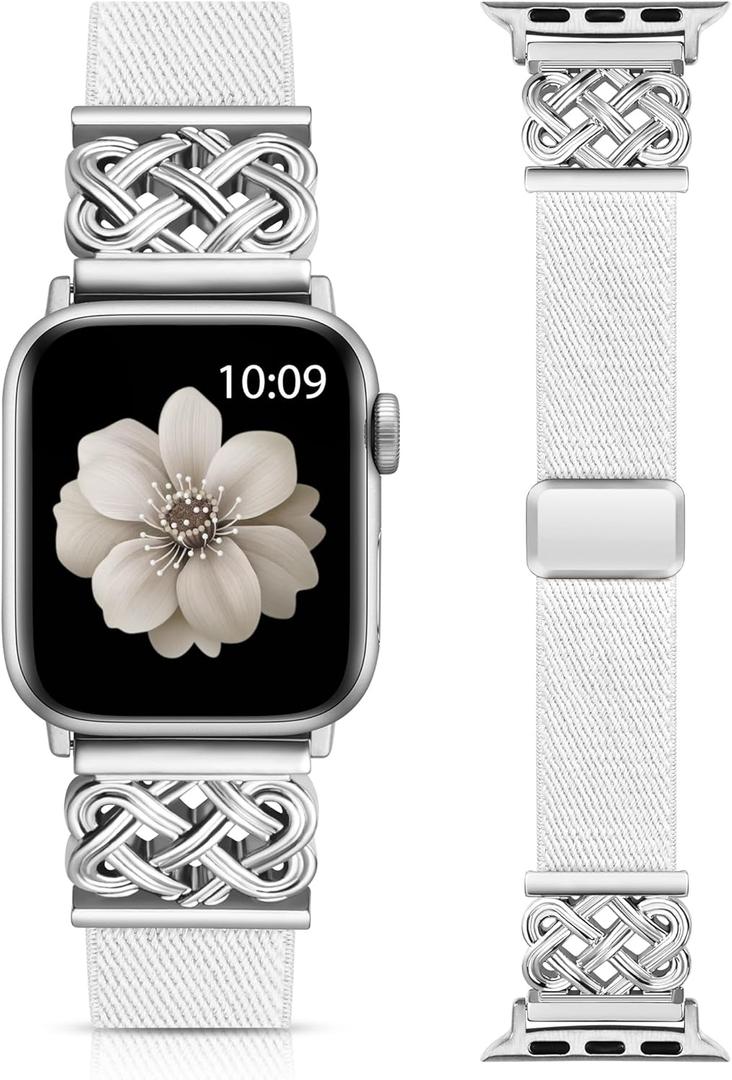 Minyee Magnetic Stretchy Band Compatible with Apple Watch Bands 38/40/41/42/44/45/46/49mm Women Men, Celtic Knot Soft Elastic Nylon Fabric Strap for iWatch Series 11 10 9 8 7 6 5 4 SE/Ultra 3 2 1 (White/Silver)
