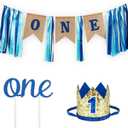1st Birthday Boy Decorations with Burlap Highchair Banner, Cake Topper, Blue Hat Crown for Happy First Birthday Party Decoration Supplies