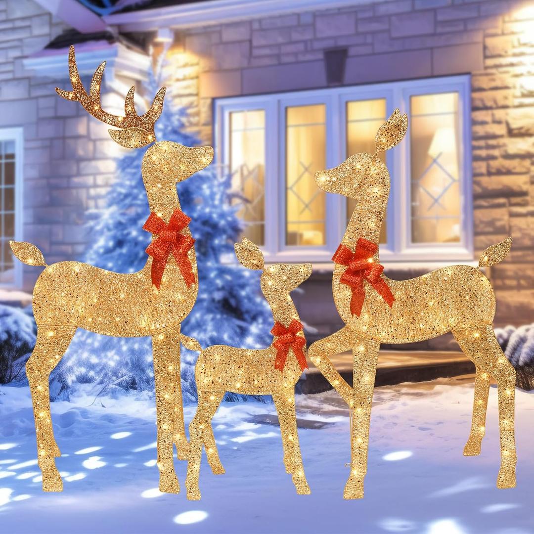 HOYECHI 5 FT Oversized Christmas Decorations Outdoor Lighted Reindeer  3-Piece 2D Deer Family Set with 160 Warm White LED Lights for Yard, Lawn, Garden & Porch Holiday Display - Gold