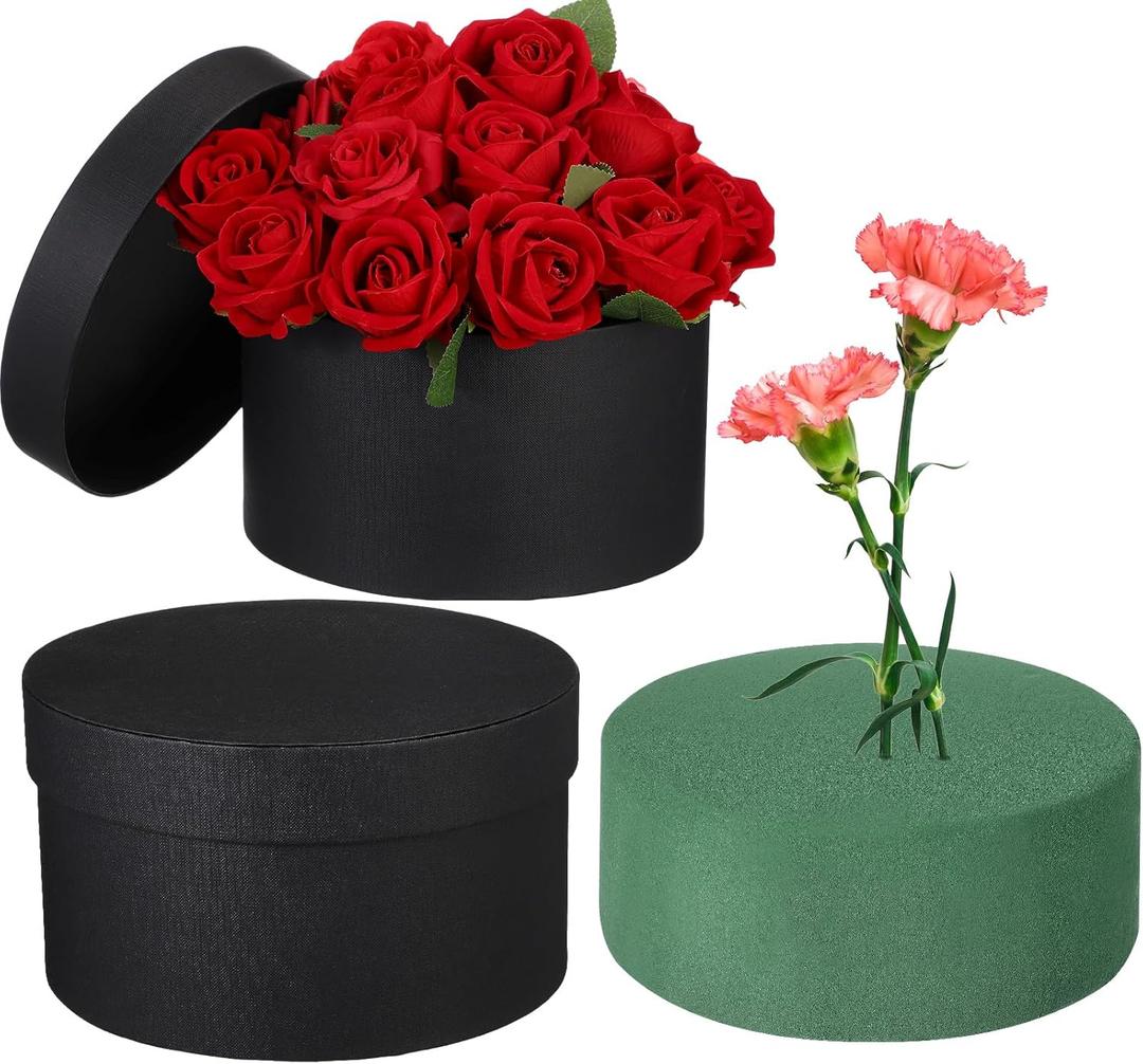 Nuenen Round Gift Box with Lid & Floral Foam Set, Black, 2 pcs, Gift Boxes for Flowers for Mother's Day Bridesmaid Wedding Baby Showers