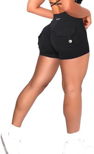Danysu Women Pocket Shorts Cross High Waist Scrunch Butt Booty Workout Lifting Athletic Gym Bottoms 
Black M