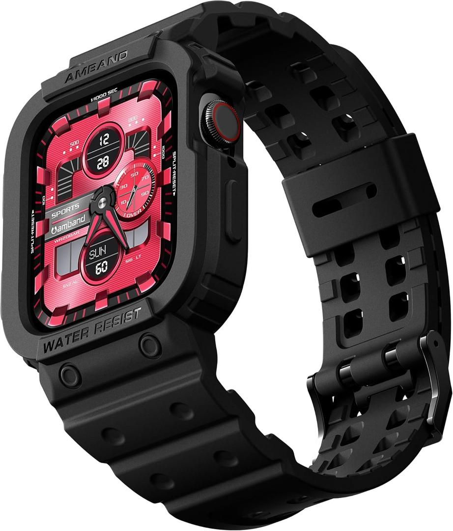 amBand E1 Sport Case Band for Apple Watch Ultra 3/2/1 & SE 3/2/1 & Series 11 10 9 8 7 6 5 4 3 49mm 46mm 45mm 44mm 42mm 41mm 40mm 38mm, Shockproof & Scratch Resistant Rugged Bumper for Men Women (Black)