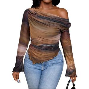 SOLY HUX Women's Plus Size Tie Dye T Shirt Off The Shoulder Long Sleeve Ruched Tee Asymmetrical Hem Going Out Tops 3XL