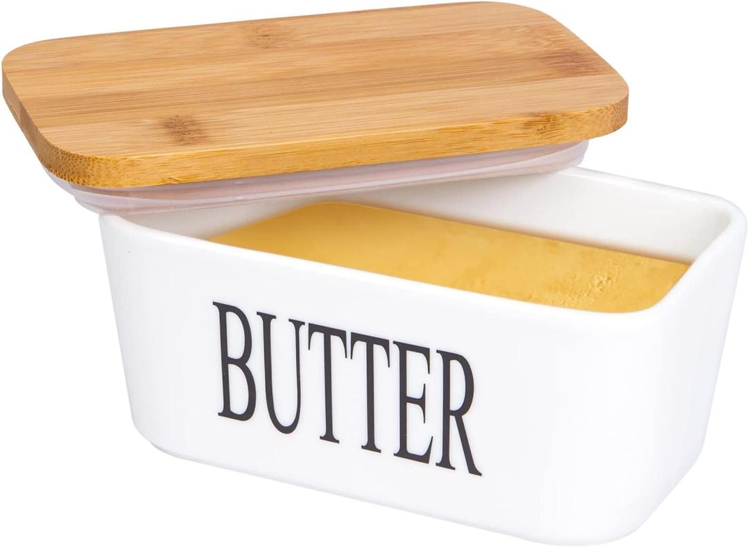 Larger Butter Dish with Cover-22Oz Ceramics Butter Container with Bamboo Lid for Countertop,Double-layer Silicone Sealing with Covers Perfect for East West Coast Butter (White with Words) Larger Butter Dish with Cover-22Oz Ceramics Butter Container with Bamboo Lid for Countertop,Double-layer Silicone Sealing with Covers Perfect for East West Coast Butter (White with Words)