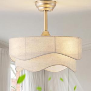 Boho Fandelier Ceiling Fan with Light, 20 Inch Gold Fabric Caged Ceiling Fan with Remote Control, 6 Speeds for Bedroom, Nursery, Living Room, Beige