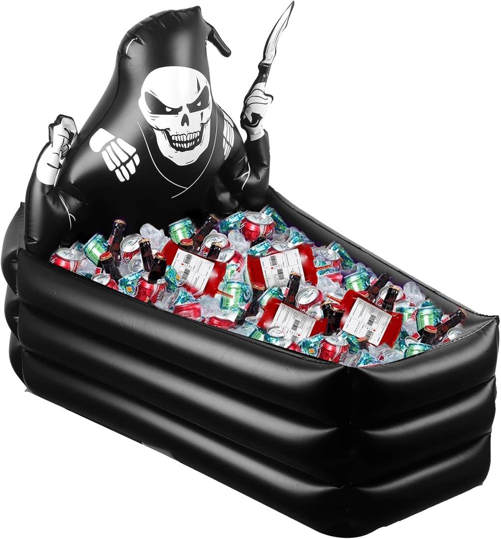 44 Inch Inflatable Grim Reaper Coffin Cooler Halloween Party Supplies 120+ Cans Large Capacity Inflatable Drink Holder for Indoor Outdoor Home Halloween Birthday Party Decorations, Black