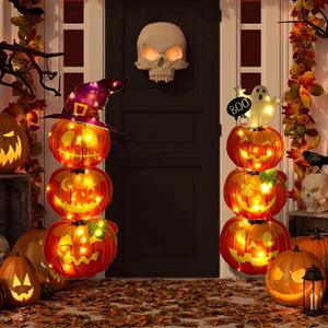 Jetec 2 Pcs 44 Inch Outdoor Halloween Decorations Light up Pumpkin Yard Stakes Plastic Stacked Pumpkin Witches Hat Boo Ghost Stake Sign with LED String Lights for Outside Home Lawn Pathway Party