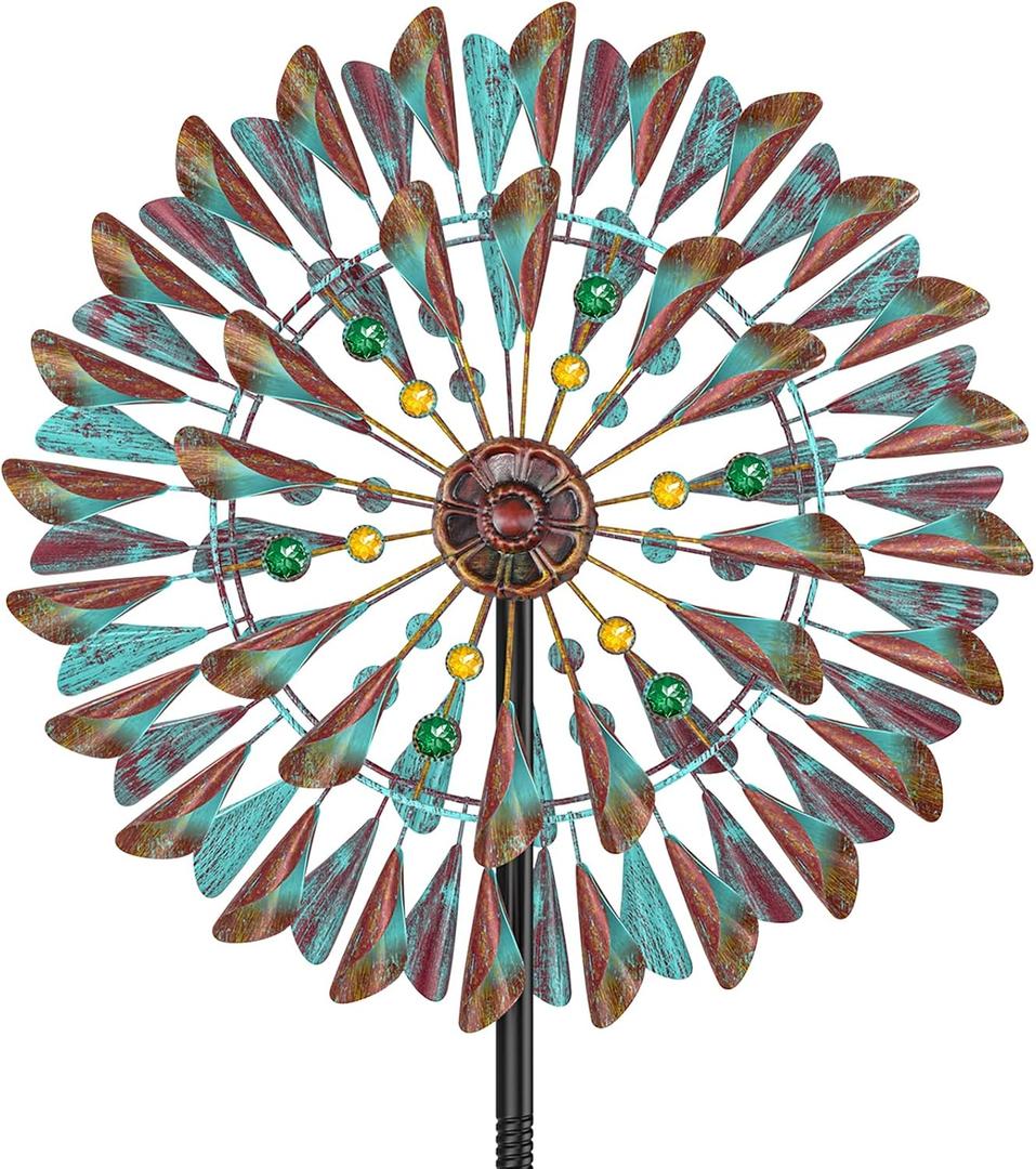 Wind Spinner Kinetic Wind Sculpture, 24.3"W x 79.3"H Large Metal Outdoor Windmill with 5Prong Stable Base, 360 Wind Catcher, EyeCatching Yard Art Decor for Patio Lawn Garden Backyard (Retro Green)