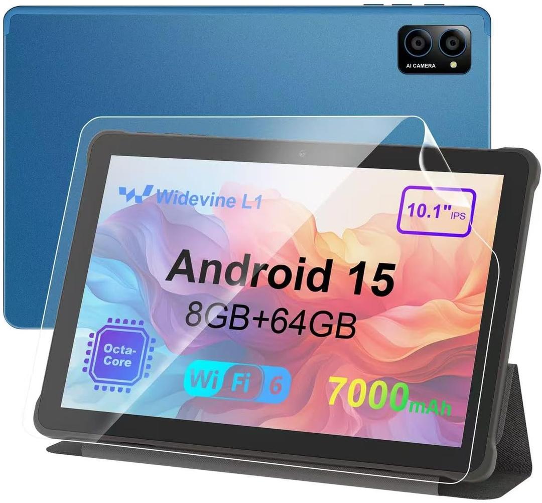 10-inch Android Tablet: Octa-Core, 7000mAh, with Stand Case, IPS HD Display, Wi-Fi 6, OTG, Metal Body Fast & Portable Tablet for Work & Entertainment, 2-Year Protection, 8GB RAM 64GB, Android 15