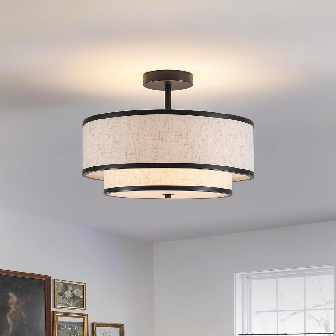 Farmhouse Close to Ceiling Light, 3-Light Flush Mount Ceiling Light Fixture with 2-Layer Fabric Shade, Modern Drum Ceiling Lamp for Hallway Bedroom Living Room (Black), D 15.74" x H 11.8"; Ceiling Canopy: 4.72" Diameter