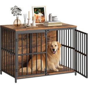 HOOBRO 38.6" Dog Crate Furniture, Wooden Dog Kennel Indoor, Heavy Duty Dog Cage for Small/Medium Dog, Decorative Side End Table, Rustic Brown and Black BF100GW03