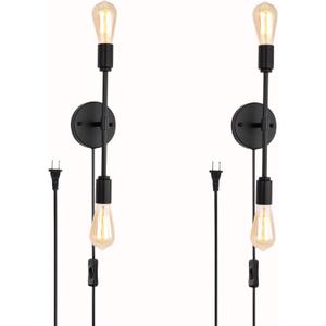 2-Light Black Bathroom Vanity Light FixturesModern Industrial Wall Light Fixtures with On/Off Switch Cord, Plug in Wall Sconce Set of Two for Living Room Bathroom Farmhouse Dining Room