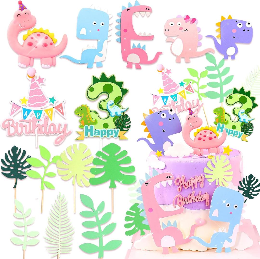 LaVenty Three Rex Cake Topper Birthday Decoration for Girls - Young Wild Three Dinosaur Cake Topper - Roar I'm 3 Cake Decoration