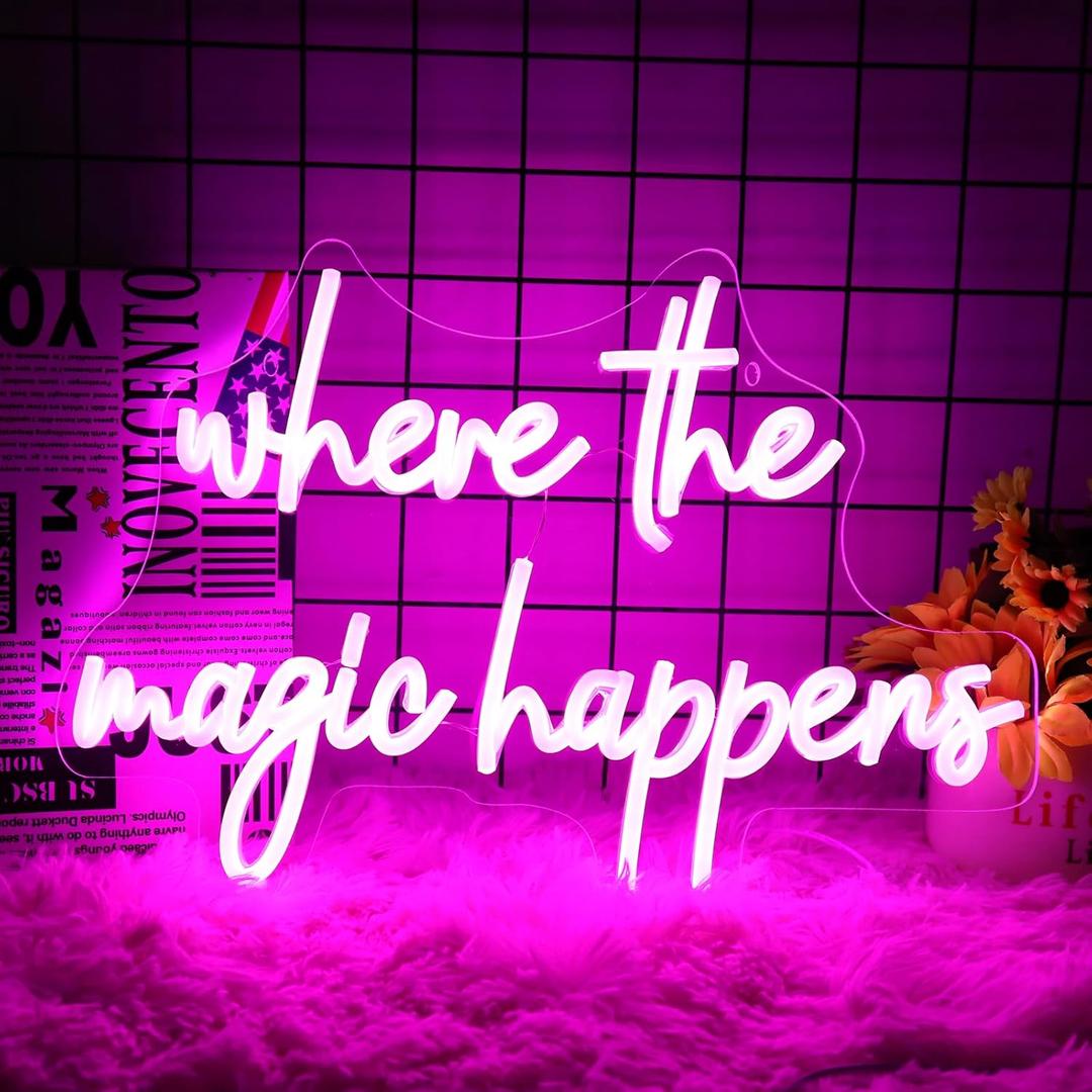 Neonawall Where The Magic Happens Neon Sign Led Pink Light Up Signs for Wall Decor Usb Powered Letter Neon Light Signs for Bedroom Wedding Decor Birthday Party Shop Man Cave 16 x 11''(Pink)